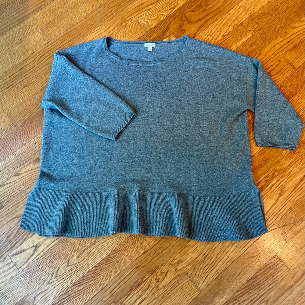 Garnet Hill Cashmere Sweater. XL. Perfect Blue Heather, 3/4 Sleeves, Ruffle Hem